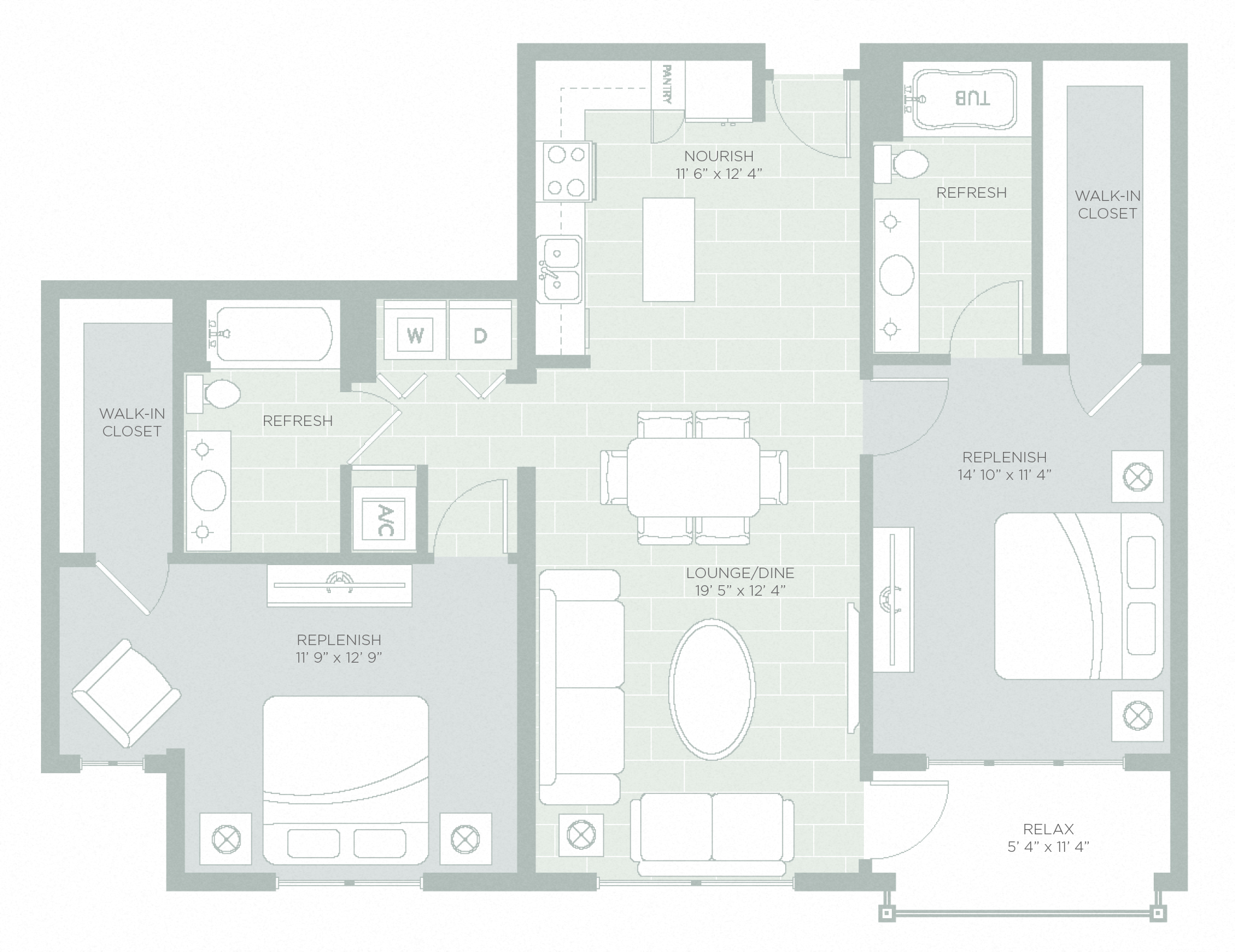 Floor plan for 2 beds, 2 baths, 1167 sqft
